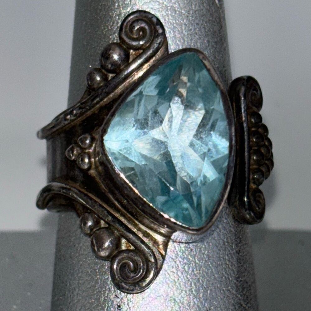 VIntage sajen silver wrap ring blue topaz semi precious stone Sz 8